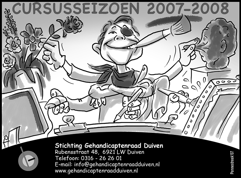 Man met 8 armen doet aan allerlei hobbies zoals shilderen, boetseren, computeren en bloemschikken