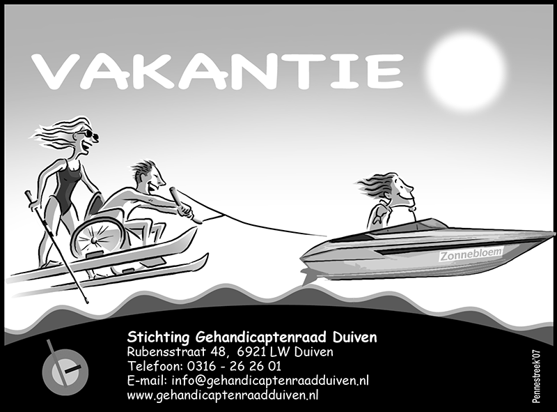 Man in rolstoel en blinde vrouw staan op waterskies achter een speedboot